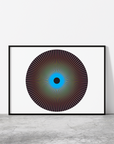 Print entitled 'Penumbra (Cerulean)' in black frame resting against a white wall.