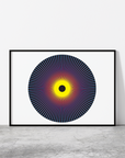 Print entitled 'Penumbra (Marigold)' in black frame resting against a white wall.