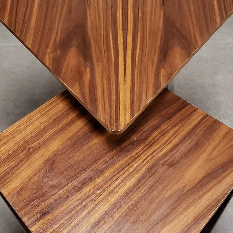 Top view of Canopy Table by artist/designer Jason Robinson. View highlights grain of real walnut veneer.