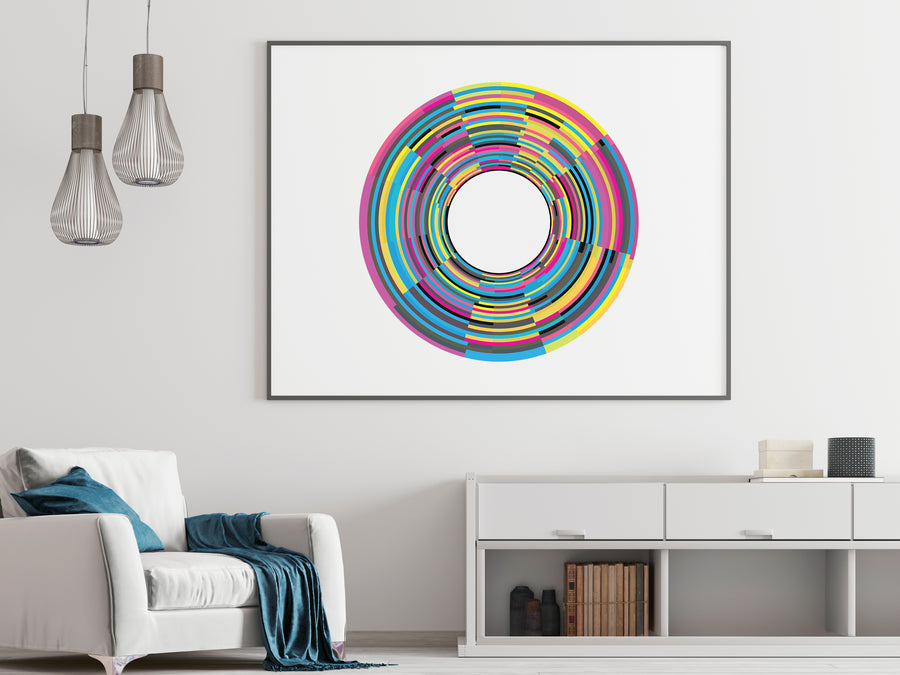 Print entitled 'Clocks' hanging on wall of living room.
