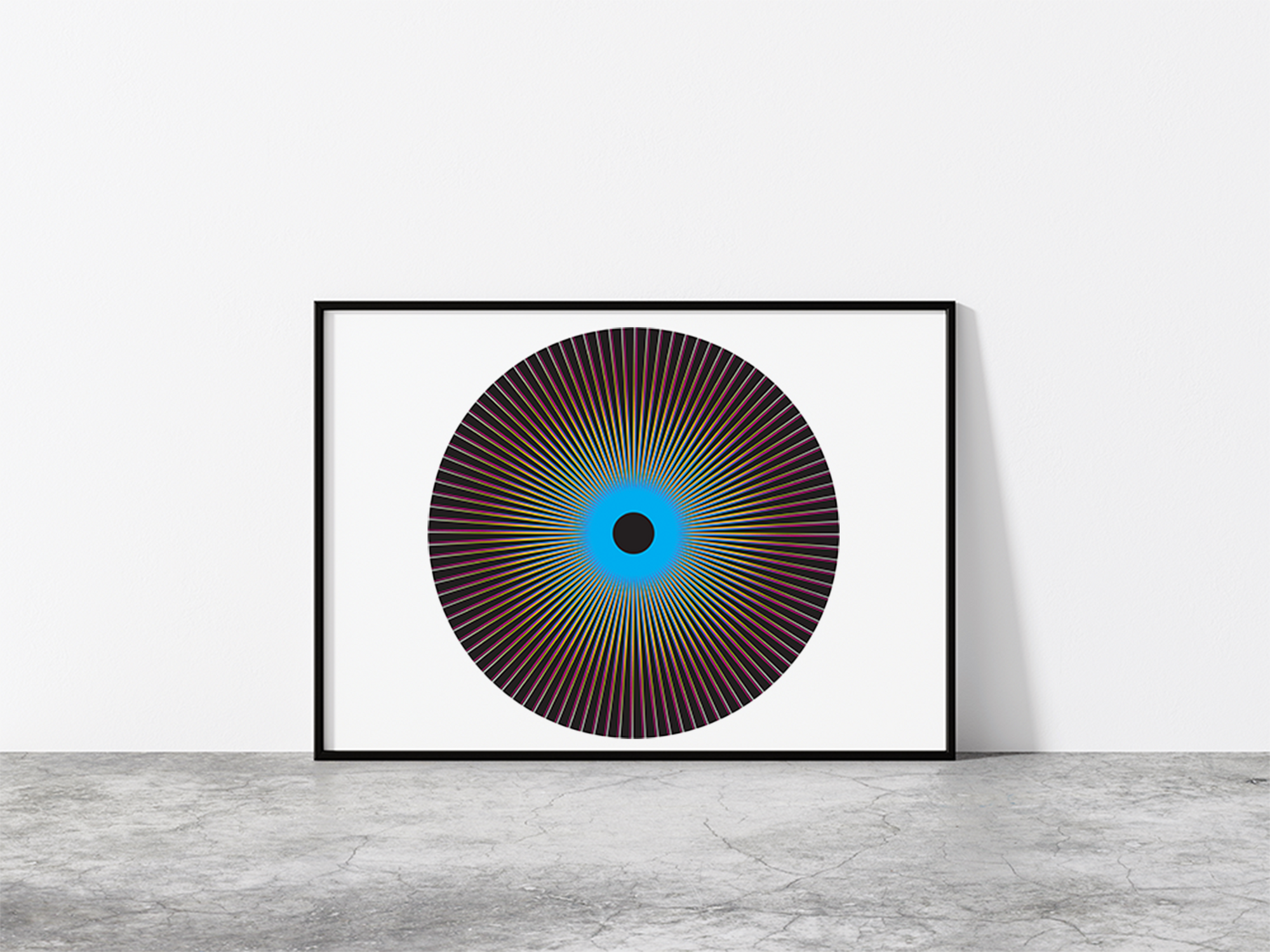 Print entitled &#39;Penumbra (Cerulean)&#39; in black frame resting against a white wall.